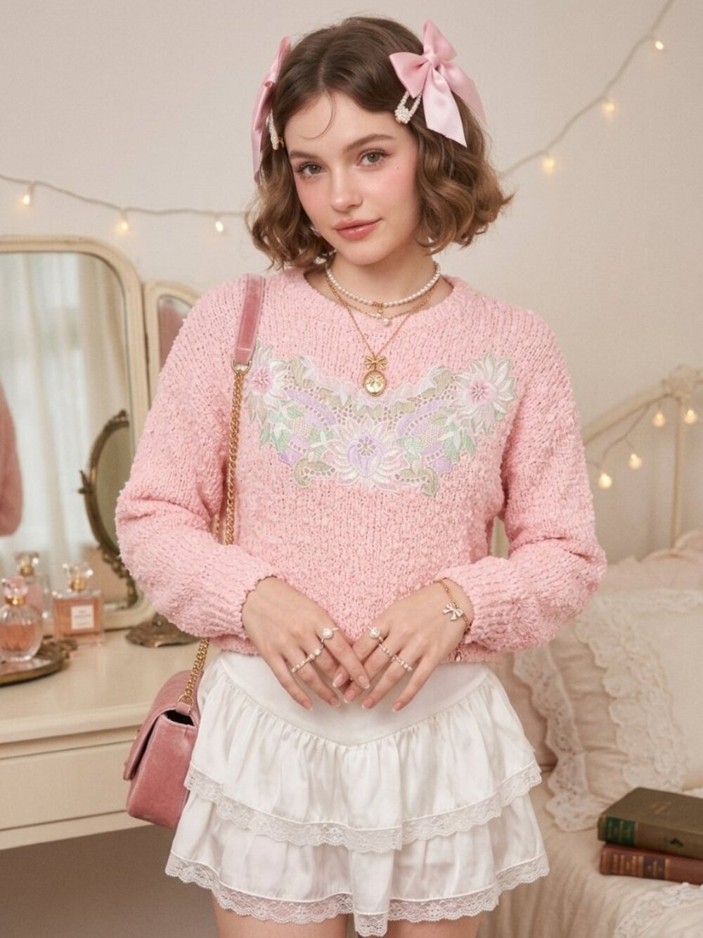 Vintage Paris Sports Club Pink Floral Embroidered Lace Knit Sweater‎ S